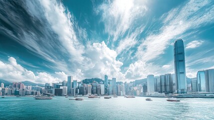 Panoramic cityscape view of Hong Kong under a vibrant sky.