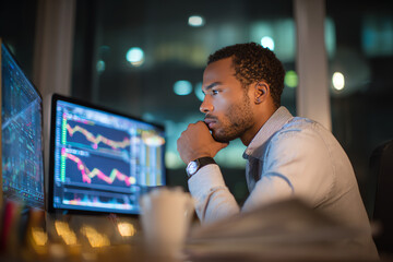 Man trading stock in front of computer. Generative AI.