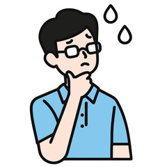 Worried Asian man wearing glasses is thinking hard with sweat droplets above his head