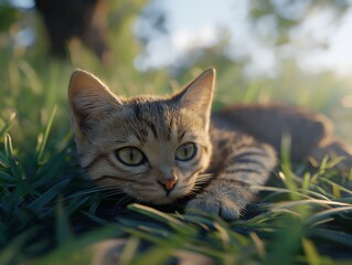 Gray striped kitten lies comfortably in lush green grass, enjoying a sunny day outdoors.