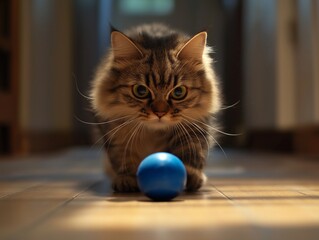 Fluffy gray cat plays with a small ball indoors, lively and curious in a cozy apartment.