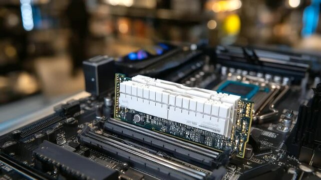 Neatly organized DDR RAM modules next to a disassembled motherboard, showcasing high-performance memory for custom PC building