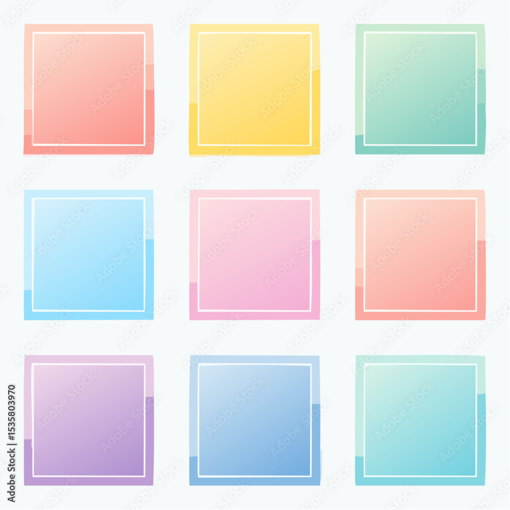 Poster nine colorful square gradient backgrounds with white borders arranged in a grid pattern.