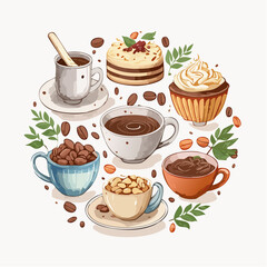 Colorful coffee and dessert illustration featuring cups, cake, and coffee beans in a circle