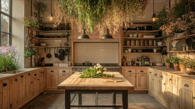 Sunlit rustic kitchen with wooden cabinetry, island, open shelving, and hanging greenery