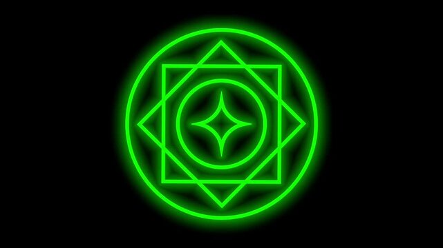 A glowing green geometric glyph rotates slowly, evoking a mystical and futuristic energy symbol in a sacred digital format