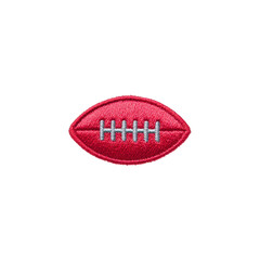 Small embroidered patch in shape of red American football with white stitching, isolated on transparency background. patch is detailed and suitable for clothing or accessories