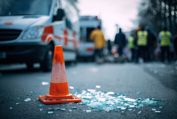 Orange traffic cone on asphalt marks an accident scene with broken glass scattered around and emergency personnel attending to the situation
