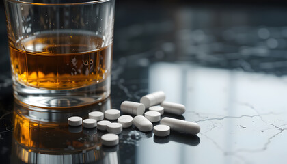 A glass of alcohol and a pile of pills on a table. The scene is somewhat ominous, as the pills suggest that the person drinking the alcohol may be taking medication or trying to self-medicate