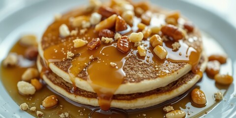Healthy Breakfast: Yogurt Pancakes, Maple Syrup, and Mixed Nuts