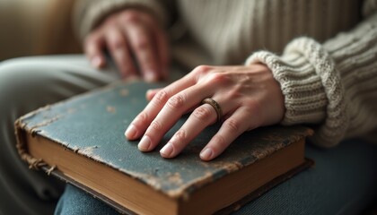 Gentle hands resting on a vintage book