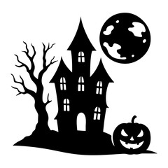 Spooky Halloween Silhouette with Haunted House, Pumpkin and Full Moon. 