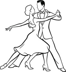 Elegant Lovers couple dancing romantically in a wedding setting, silhouette Illustration line art Design