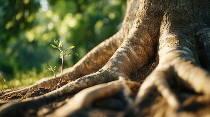 Large tree with intertwined roots supporting a small sprout, illustrating the bond between mother and child in nature