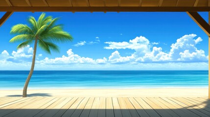 Tropical beach scene with a palm tree and wooden deck.
