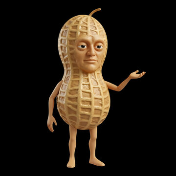 A whimsical peanut character design with a human face presents a friendly gesture perfect for food branding illustrations and quirky mascot designs, transparent background
