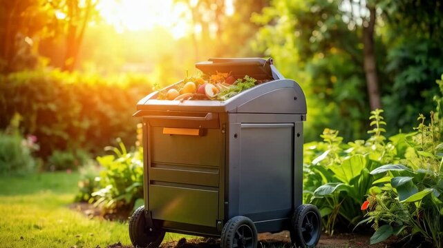 Rolling composter bin filled with vegetable scraps sitting outdoors in the sunlit garden on a summer afternoon