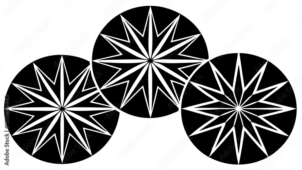 Poster abstract monochrome design featuring interlocking starburst patterns arranged in a circular repeatin