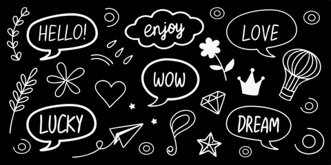 Creative and whimsical black and white doodle art with positive words and various abstract shapes, perfect for designs