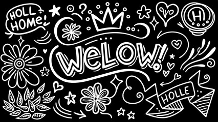 Whimsical hand drawn doodle design featuring words and elements on a black background suitable for greeting cards