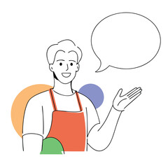 Line art presents a smiling worker in an apron with a blank speech bubble