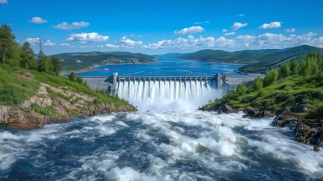 The enormous concrete wall of the Krasnoyarsk Dam with torrents of foaming water rushing out, surrounded by green hills and bright reflections on the water