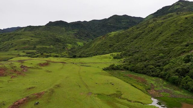 Rolling green valleys with grazing areas and wild trails in the Ng&auml;be-Bugl&eacute; highlands of western Panama