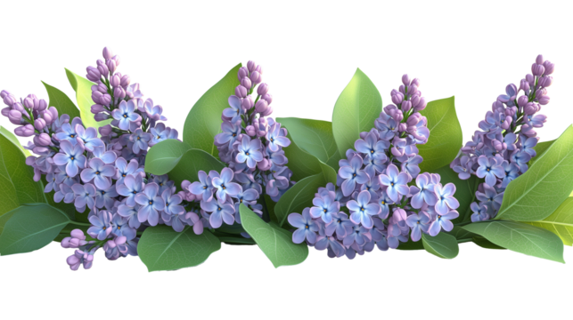 Lilac flowers with green leaves arranged in a decorative layout  