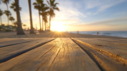 Wooden boardwalk at sunrise overlooking the beach.