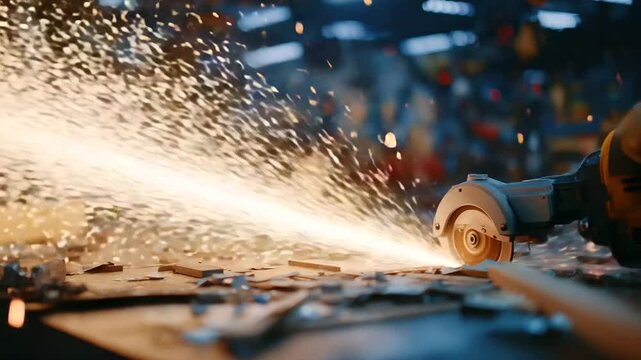 Workshop table covered in metal dust and tools, central focus on grinder sharpening drill tip, stream of sparks arcing into the air