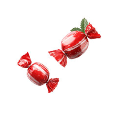 Two red and white striped peppermint candies wrapped in shiny plastic with mint leaf accent. candies are arranged diagonally against plain background, creating festive and sweet appearance