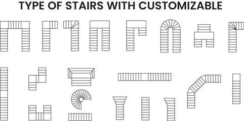 Type of stairs icons set, floor plan, architecture blueprint isolated, interior design, customizable stroke, vector, illustration