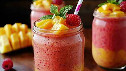Refreshing Mango Raspberry Smoothie in Mason Jars - Powered by Adobe