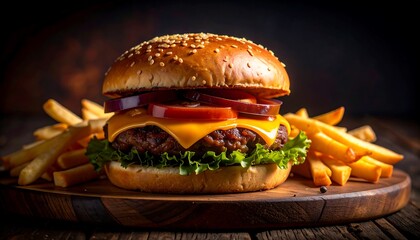Delicious Cheeseburger with Fries on Wooden Plate Against Dark Background. US Independence Day. AI Generated