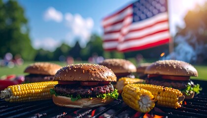 Grilling Hamburgers and Corn During 4th of July Celebration Outdoors. US Independence Day. AI Generated