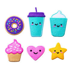 Cute embroidered patches featuring donut, drinks, cupcake, heart, and star with smiling faces. Colorful and playful design perfect for decoration