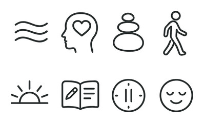 Mindfulness and wellness icons set &ndash; outline, meditation and relaxation graphics