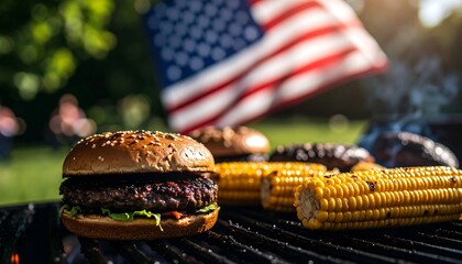 Grilled Burger and Corn on BBQ with American Flag in Background. US Independence Day. AI Generated