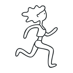 Cartoon female character running with curly hair in simple line art &ndash; stock vector icon in line drawing style