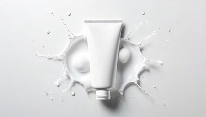 A white shampoo tube surrounded by a splash of cream on a light background. The scene is clean and minimalistic, ideal for product mockups.