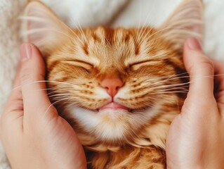 Fluffy ginger cat with a satisfied face cradled gently in human hands, cozy and heartwarming.