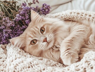 White Angora cat lies in a knitted blanket with lavender sprigs, cozy and serene atmosphere.