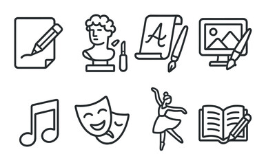 Creative hobbies icons set – outline, arts and crafts symbol collection