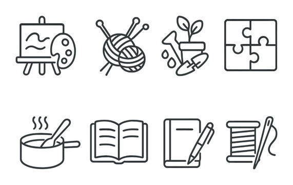 Home hobbies icon set – outline, craft and leisure activity symbols for diy projects