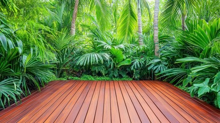 Tropical garden deck with vibrant green foliage.