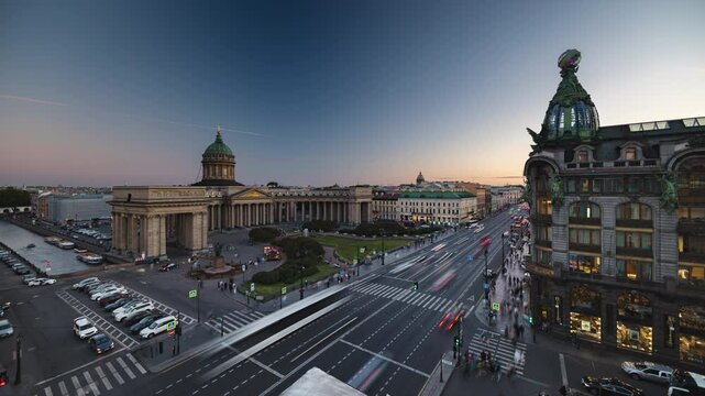 sunset twilight illumination saint petersburg famous palace traffic street crossroad rooftop panorama timelapse 4k russia 