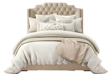 Vector realistic bubbles on a transparent background - A bed with white and beige fabric, side tables, and lamps, against a transparent background (2)