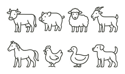 Farm animal icons set – outline, livestock and barnyard symbols for seamless design