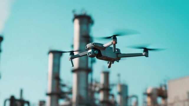 A modern quadcopter drone flying around an industrial facility. The drone hovers and scans with its camera gimbal, surrounded by factory towers and pipelines under a clear blue sky