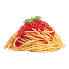 Plate of spaghetti topped with rich tomato sauce and garnished with fresh basil, showcasing classic Italian dish. vibrant colors and textures evoke sense of deliciousness